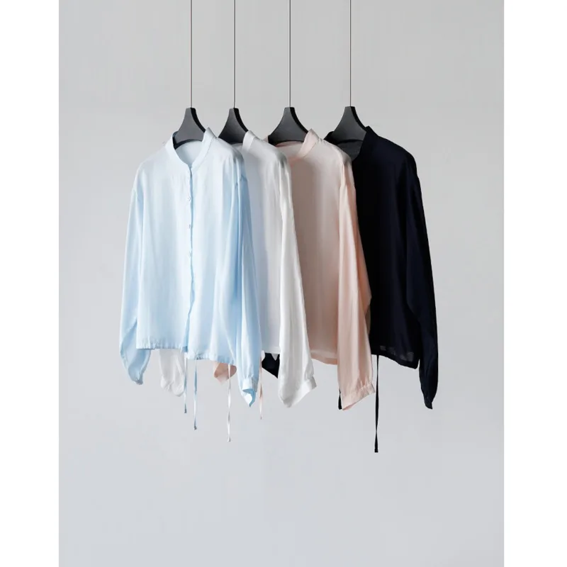 

Summer Stand Collar Lyocell Linen Shirts Women Drawstring Lightweight Loose Single Breasted Cardigan Tops