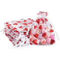50 Pcs Red Love Heart Organza Bags Satin Drawstring Valentine's Day Christmas Candy Jewelry Bags Pouches Wedding Party Birthday