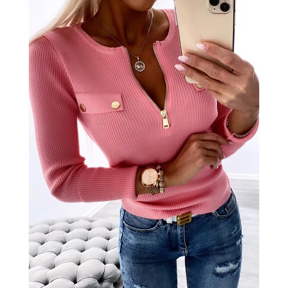 

Women Autumn Winter Sweater Top Crewneck Half Zipper Flap Detail Knit Sweater Long Sleeve Slim Fit Ribbed Pullover Top