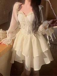 French Fashion Vintage Fairy Dress Long Sleeve Elegant Y2k Mini Dress Party Korean Kawaii Lolita Dress Bow Women 2024 Spring