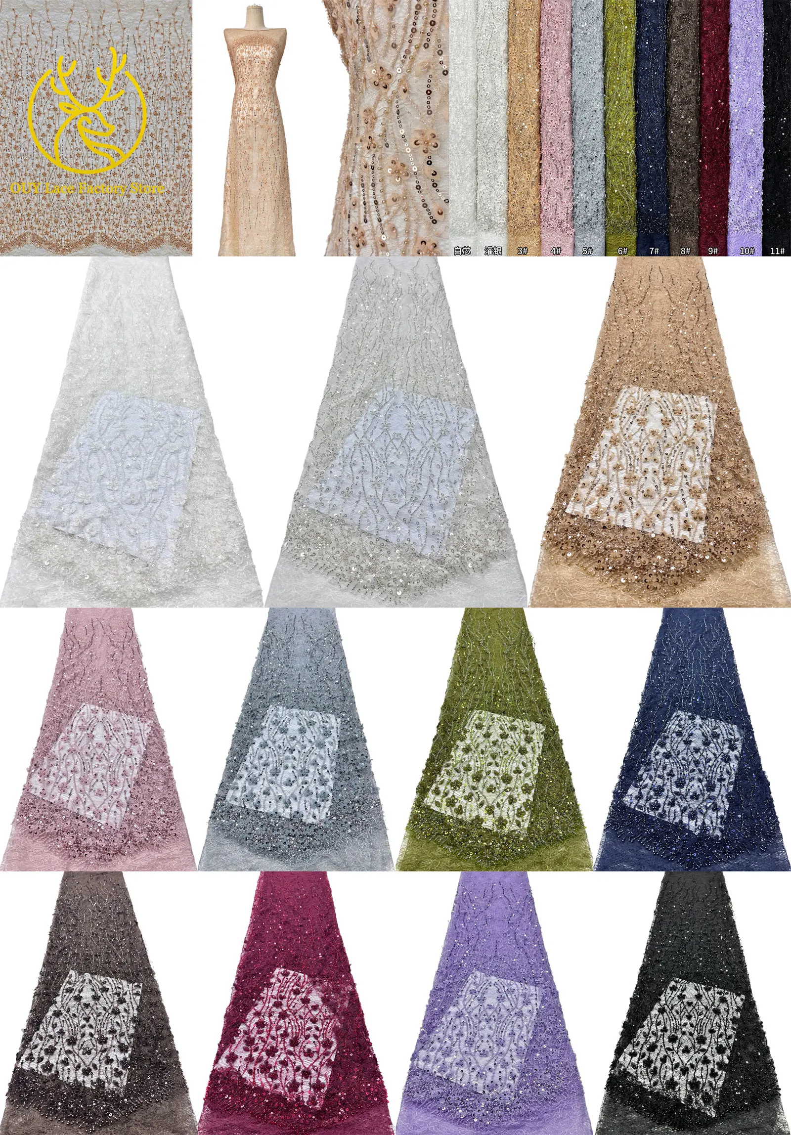 Olivgrüner afrikanischer Brautkleid-Spitzenstoff 2026, hochwertige nigerianische Pailletten-Stickerei-Spitze für Brautkleider und Partykleider zum Nähen – Detail 3