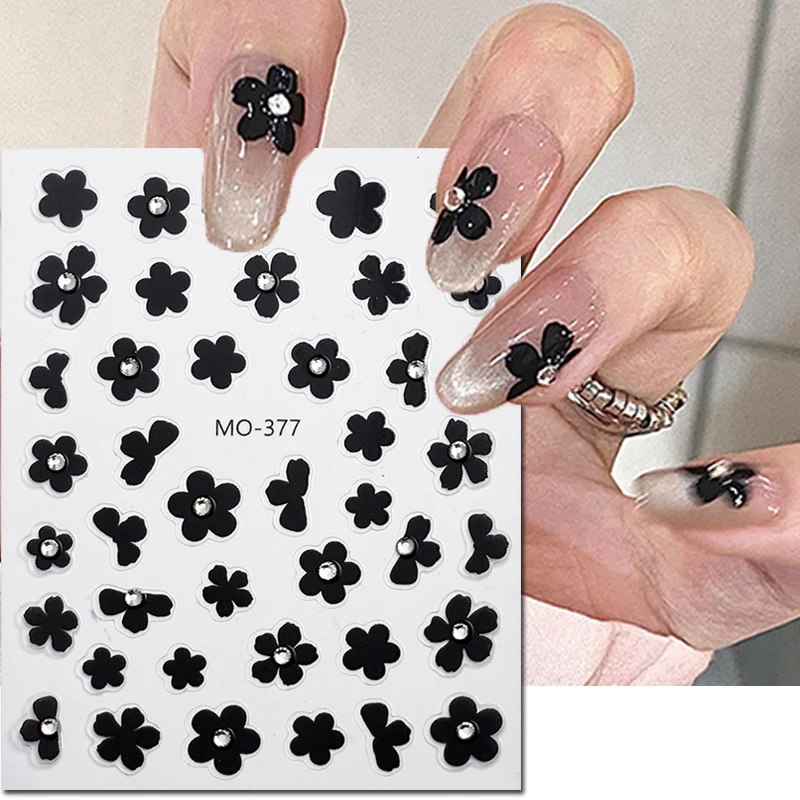 

5D Embossed Nail Art Decals Black Gold Five Petals Flowers Colorful Diamonds Nails Stickers Decorations For Manicure