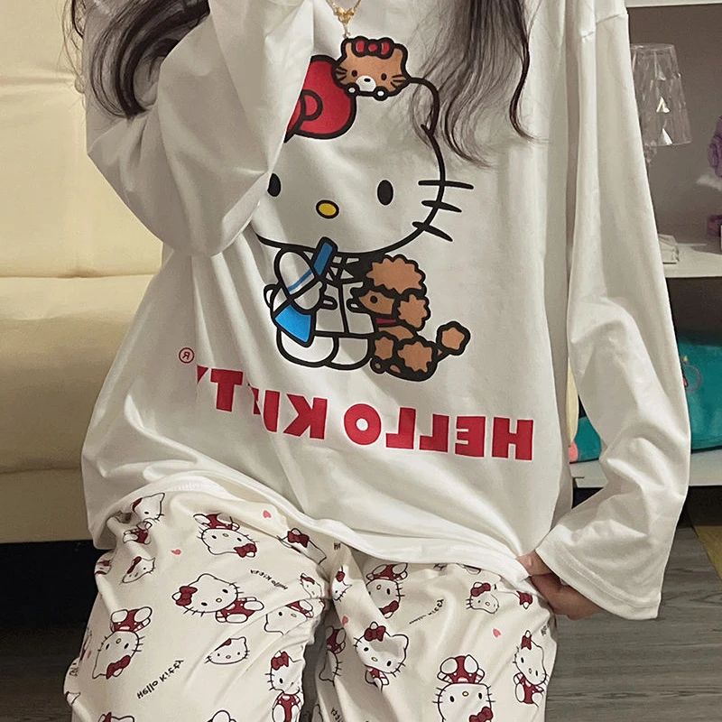 Sanrio Hello Kitty Long-sleeved Pajamas with Cute Prints for Girls, Spring and Autumn Trousers and Home Wear Two-piece Set