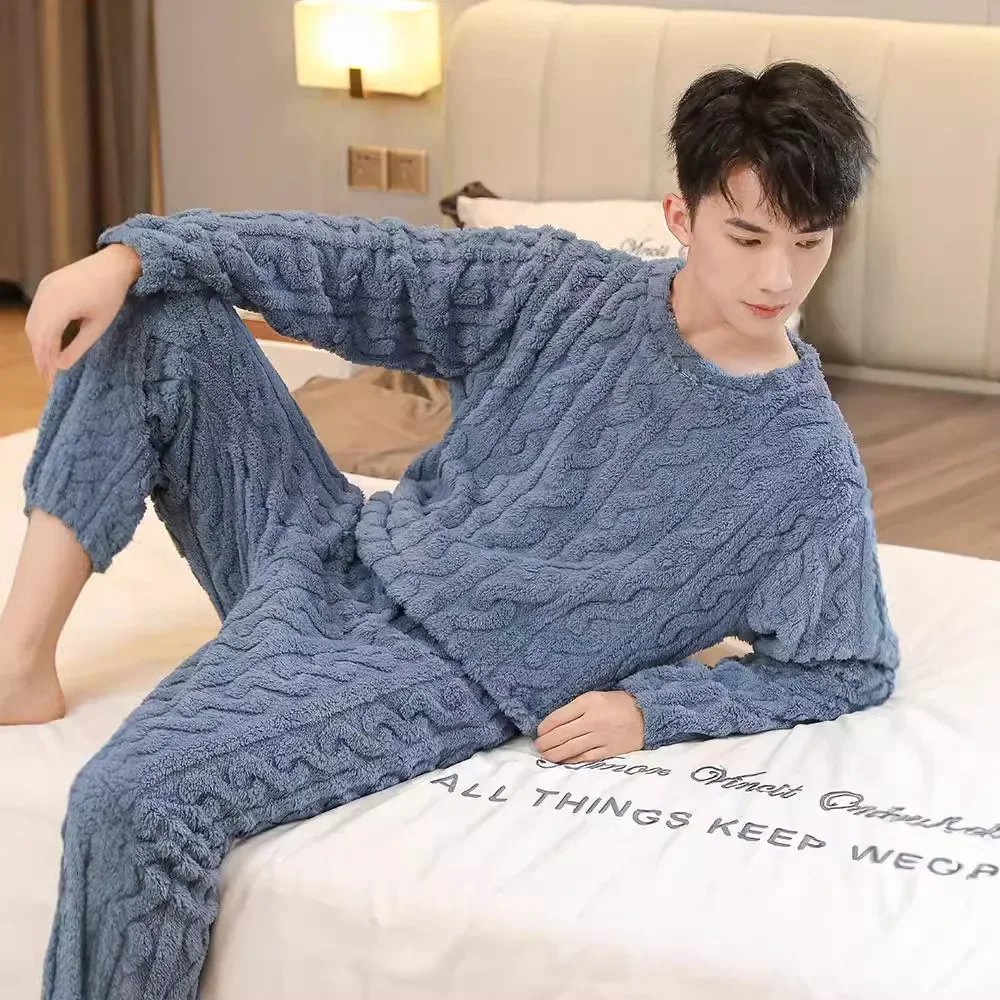 Coral Fleece Pajamas Men's Fall and Winter Thickened Padded Homewear Suit Warm Ladies Teen Facecloth Pajamas Homewear Suit