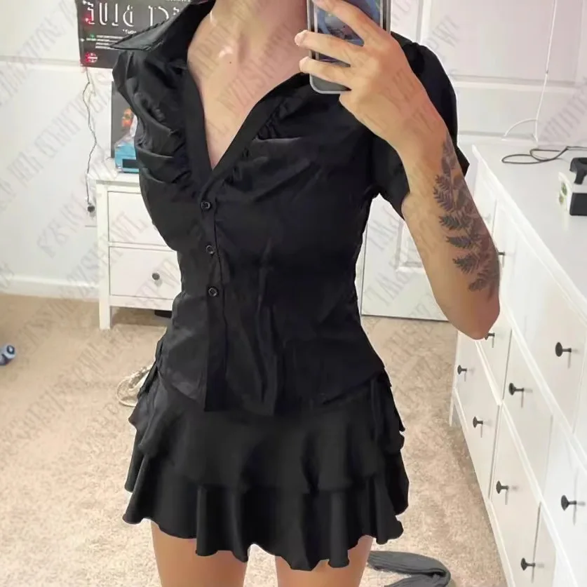 Y2K Sexy Slim V-neck Shirt Womens Fashion Stripes Single Breasted Waist Cinching Commuting Goth Aesthetic T-Shirt Casual Top