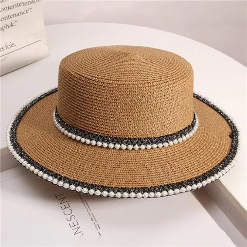 

French Style Flat Top Pearl Decorated Straw Hat Wide Brim Beach Sun Hat for Women Summer Outdoor Sun Protection Elegant​