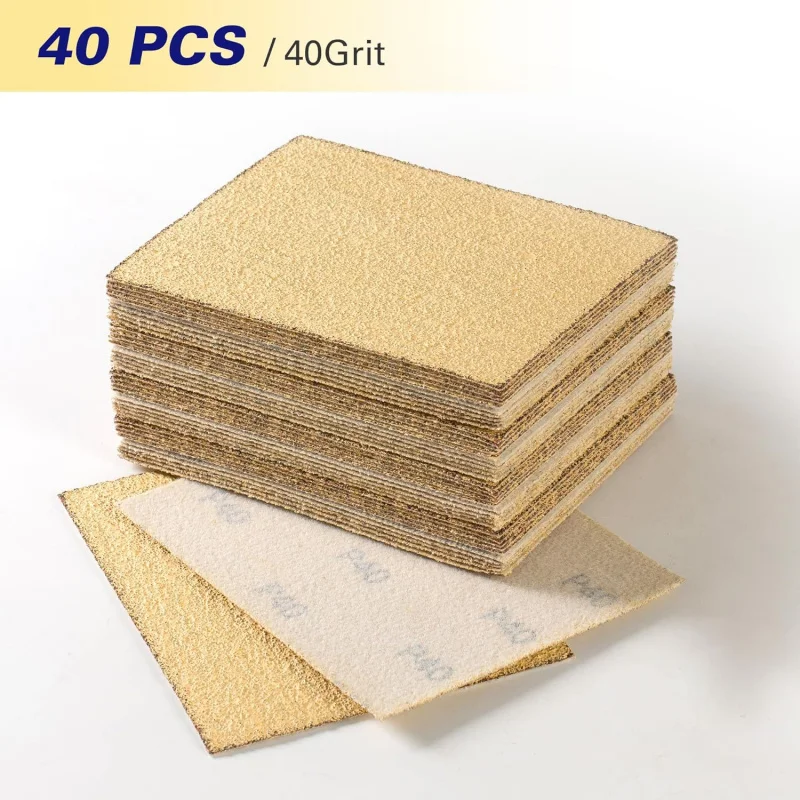 40PCS 1/4 Sheet 4.5 x 5.5 Inch Gold with Hoop and Loop Backing 40 Grit Sandpaper for Palm Sander Sanding