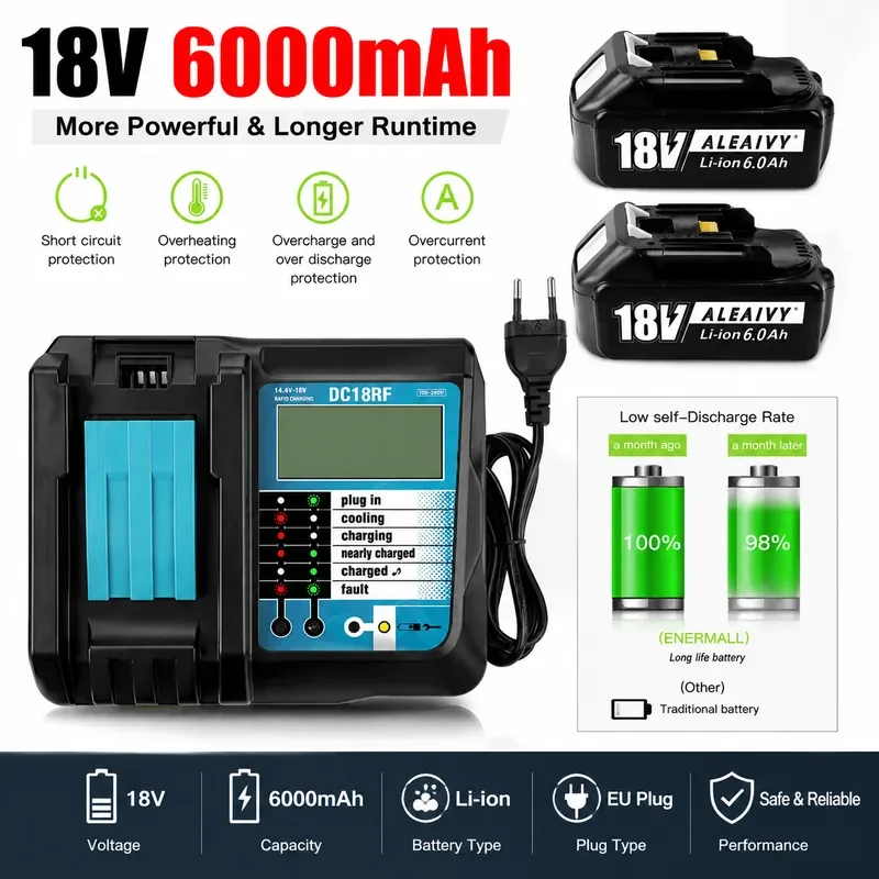 Rechargeable Battery BL1830 18V 6000mAh Backup Battery For Makita 18V BL1860 Cordless Drill DC18RF 3A Charger
