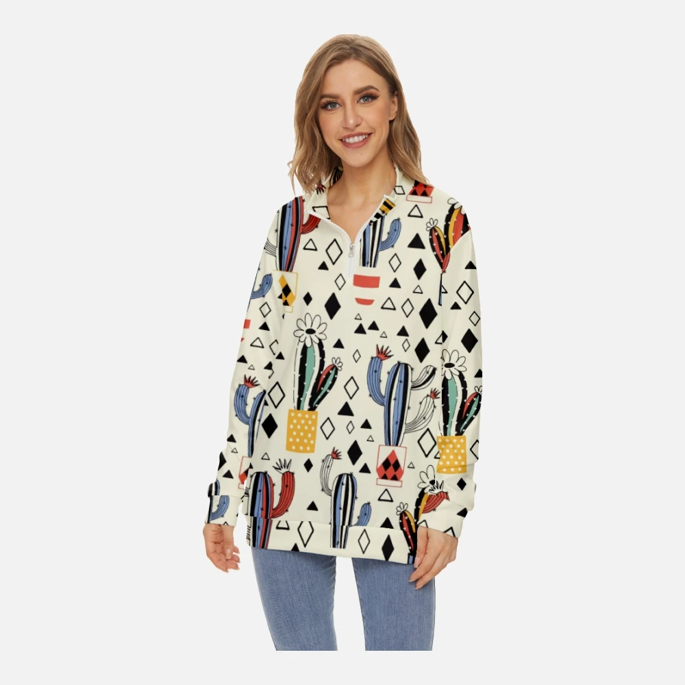 Women New Fashion Cactus Printing Sweatshirt Long-sleeved Half Stand Collar Zip Crew Neck Sweatshirt Spring Long Sleeve