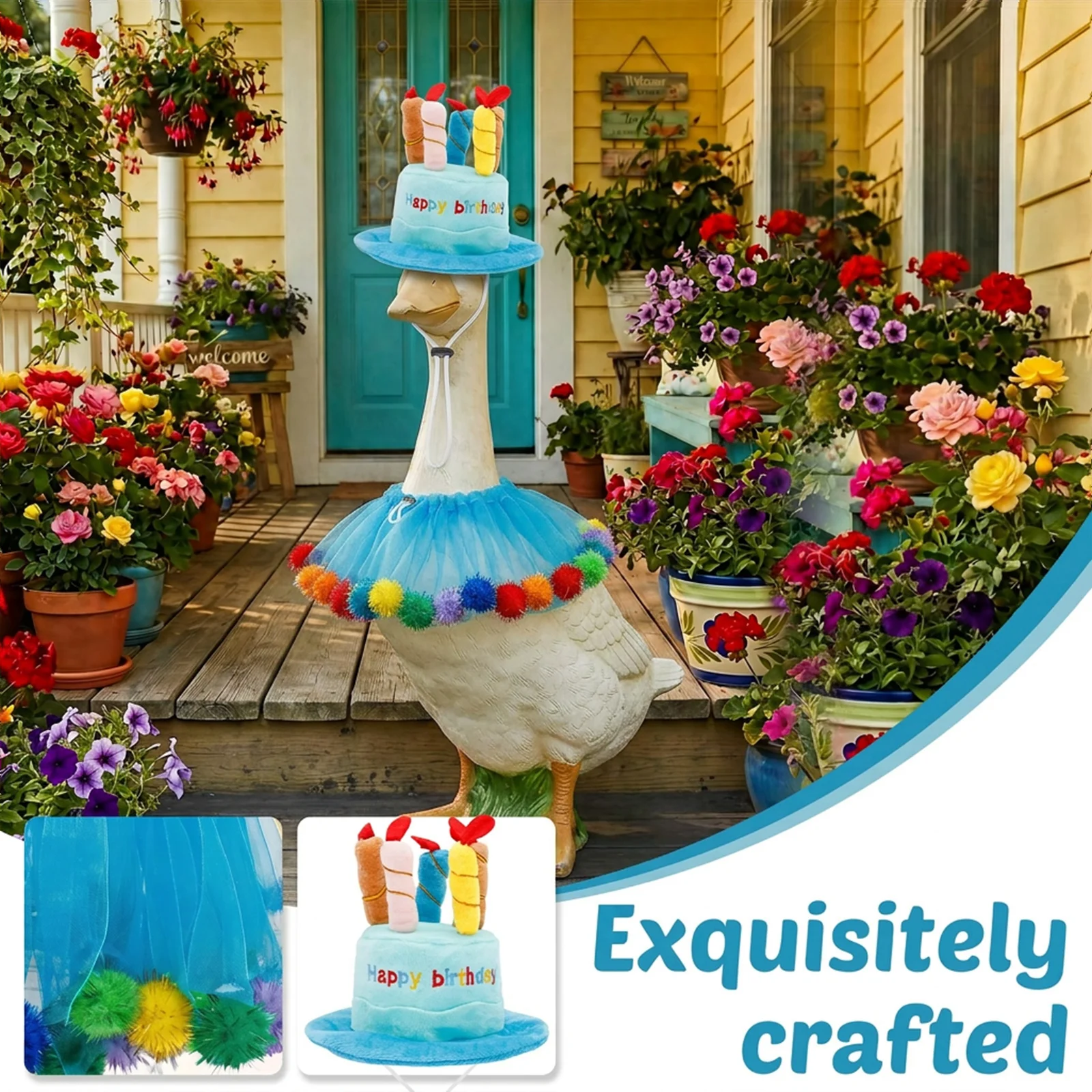 Cute Happy Birthday Porch Goose Outfit Decorative Lawn Goose Statue Clothes 23'' Garden Statue Dress Up Costume for Yard Terrace