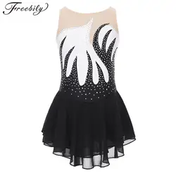 Kids Girls Figure Skating Dress Lyrical Dance Ballet Rhythmic Gymnastics Performance Costume Shiny Rhinestone Mesh Dancewear