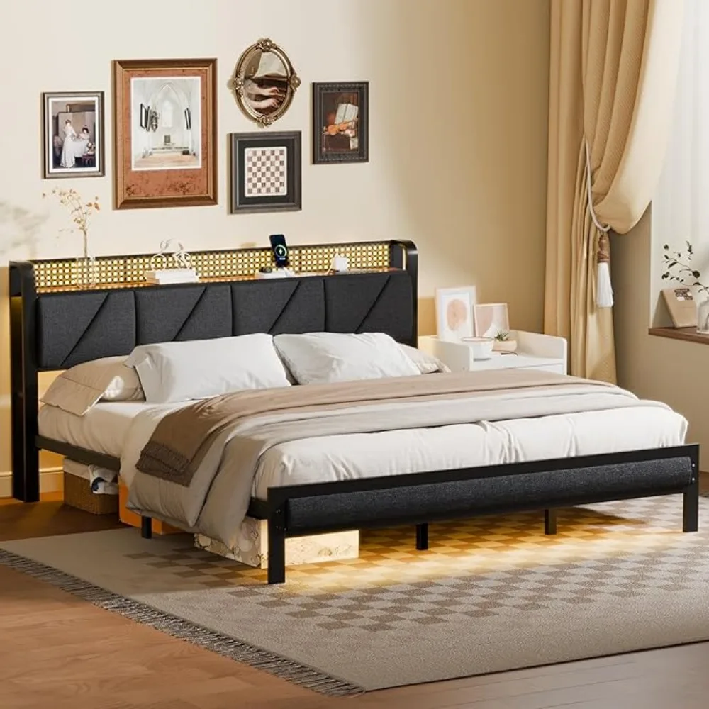 King Bed Frame with Headboard and LED Light, Upholstered Platform with Power Outlet and USB Port, King Size Bed image 6