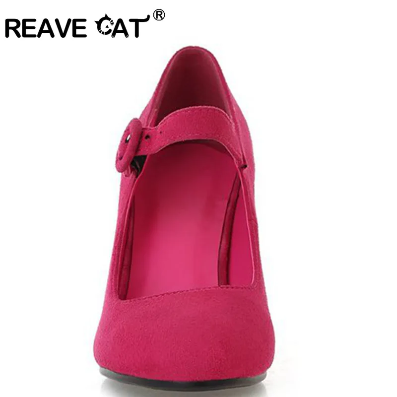 REAVE CAT Big size 34-43 Women high heels Pumps Flock Pointed toe Hoof heels Buckle Fashion Black Red Blue QL4622