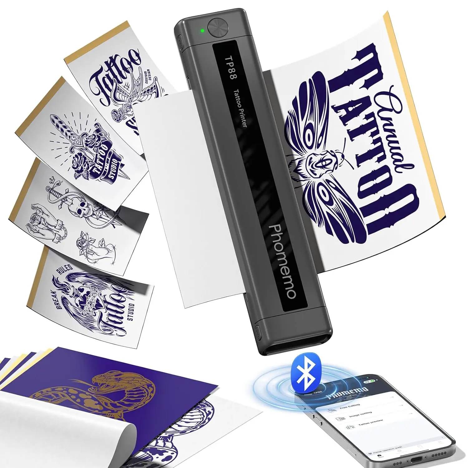 

Thermal Tattoo Stencil Printer with Bluetooth, Transfer Paper, Smartphone & PC Compatibility for Artists