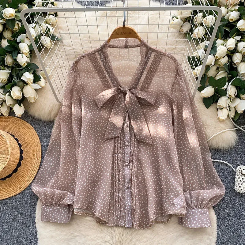 

Geometric Floral Chiffon Shirt Female Spring Lantern Sleeve Pleated Blouse Sheer Bow Lace Up Office Lady Thin Tops