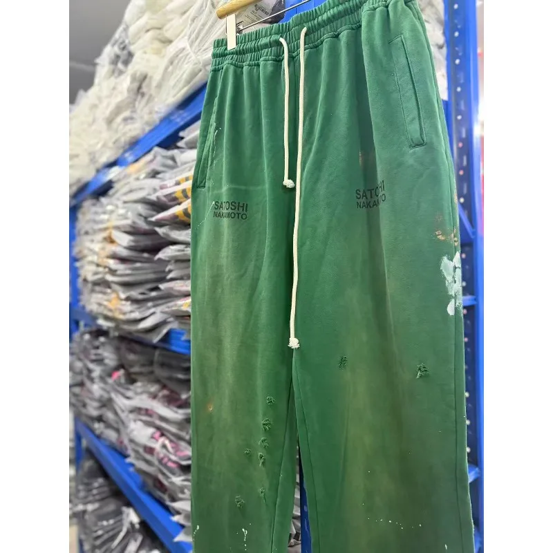 2026AW Satoshi Vintage Mid Rise Splash Ink Washed Destroyed Design Loose Fit Casual Sports Pants Men's Clothing