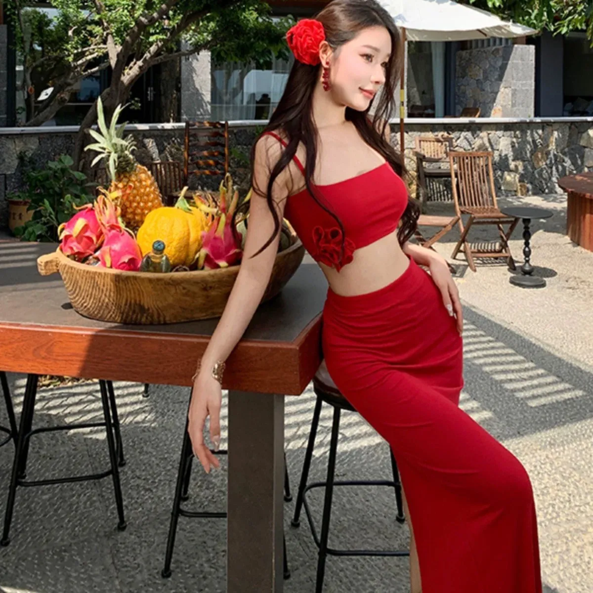 

Women's Red Floral Beach Vacation Skirt Set Hottie Sexy Pure Desire High Waist Slim Fit Cami Bodycon Skirt