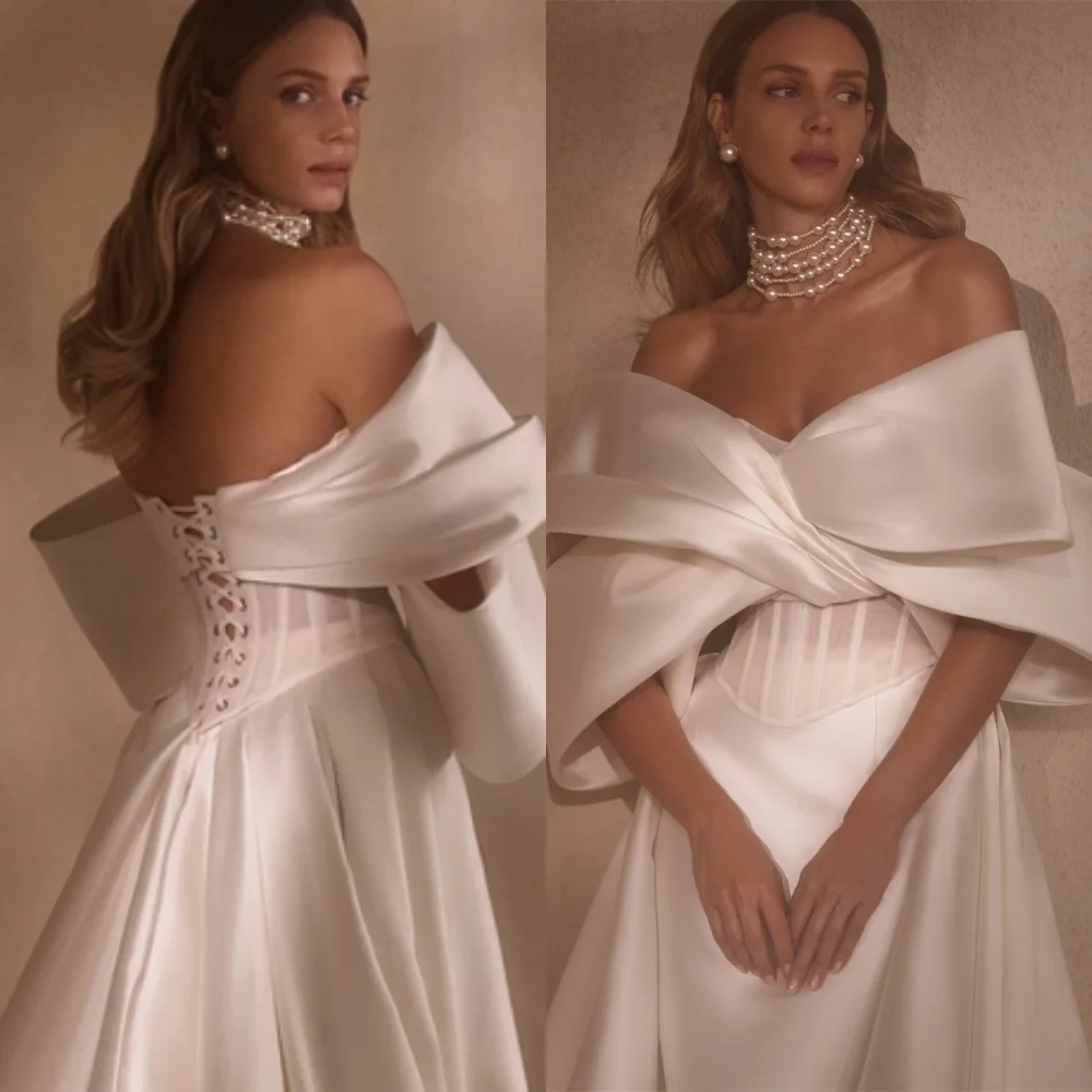 Personalizado sereia requintado cetim branco noche clássico fora do ombro sem mangas vestidos de baile vestidos de festa