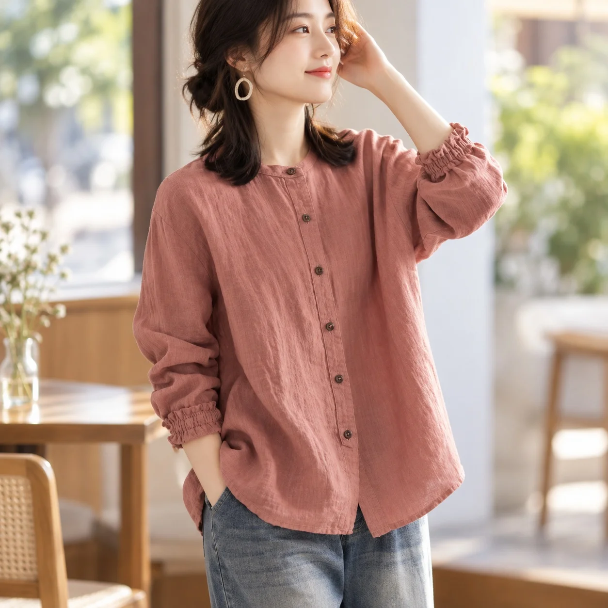 Casual Loose Fit Urban Casual Shirt with Stripe Pattern Regular Length Autumn Ribbed Cuff Long Sleeve Blouse Women Blouse