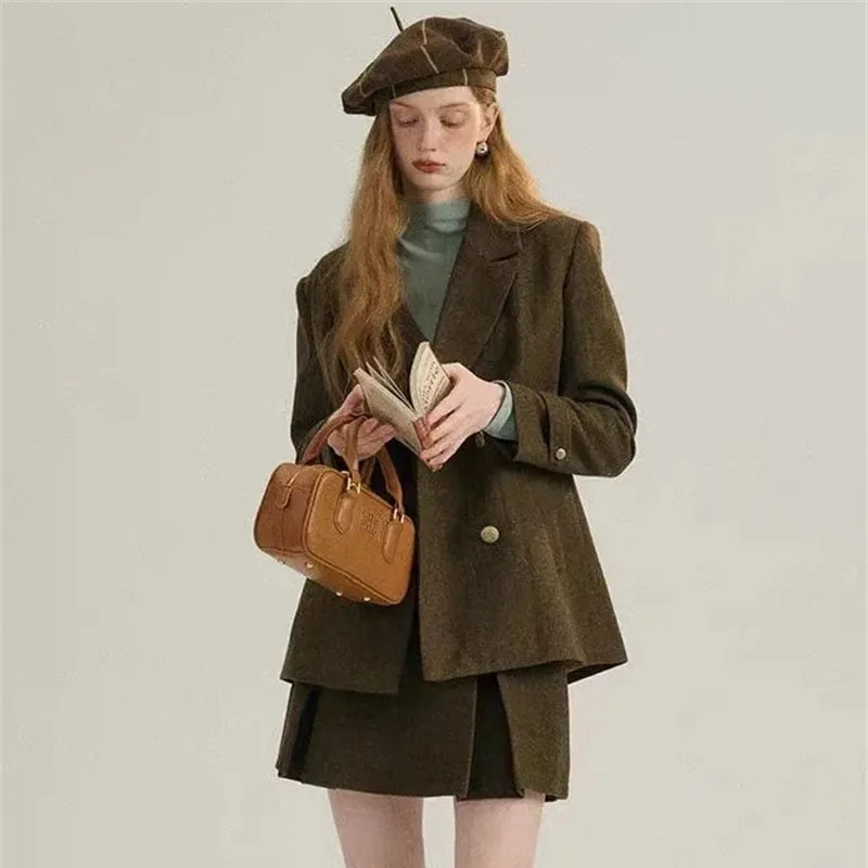 

Retro Women Fashion Casual Short Skirt Outfit Ladies A-line Maxi Skirt Two Piece Set Spring Autumn Female High Waist Skirts 2PCS