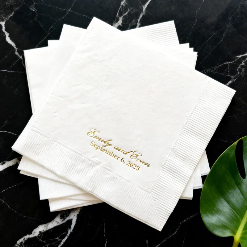 

100PCS Personalized Paper Napkin, Custom Disposable Napkin with Gold Foil Text for Cocktail Napkins, Wedding Paper Napkins