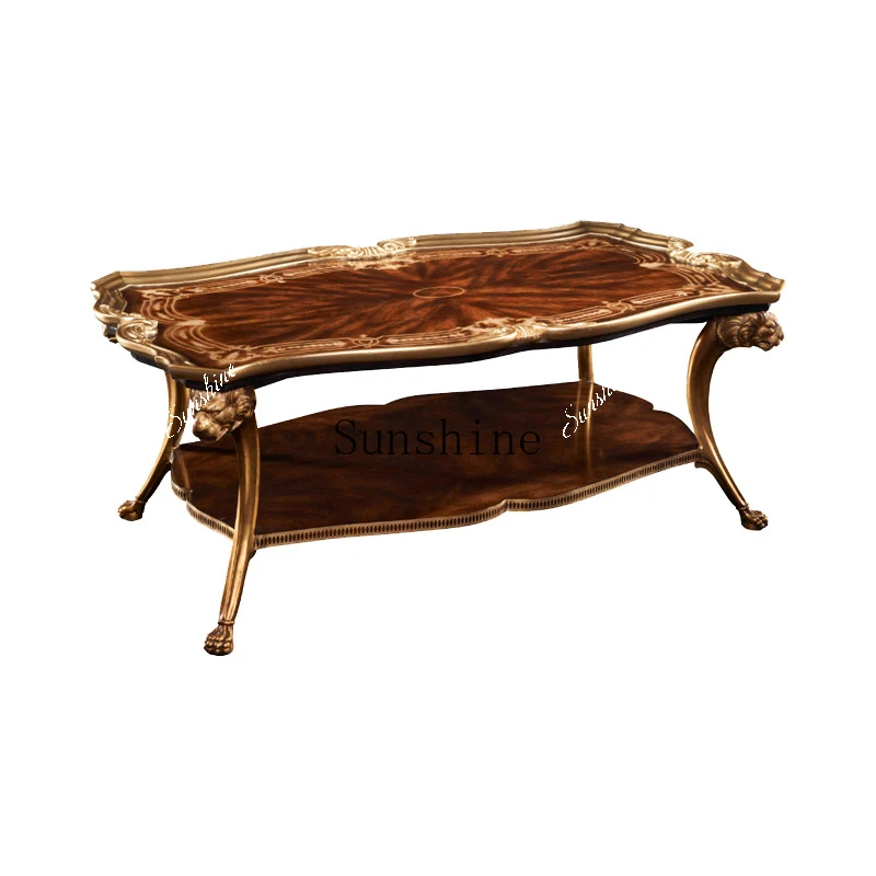 Neoclassical French living room gold tea table solid wood carving storage pure copper