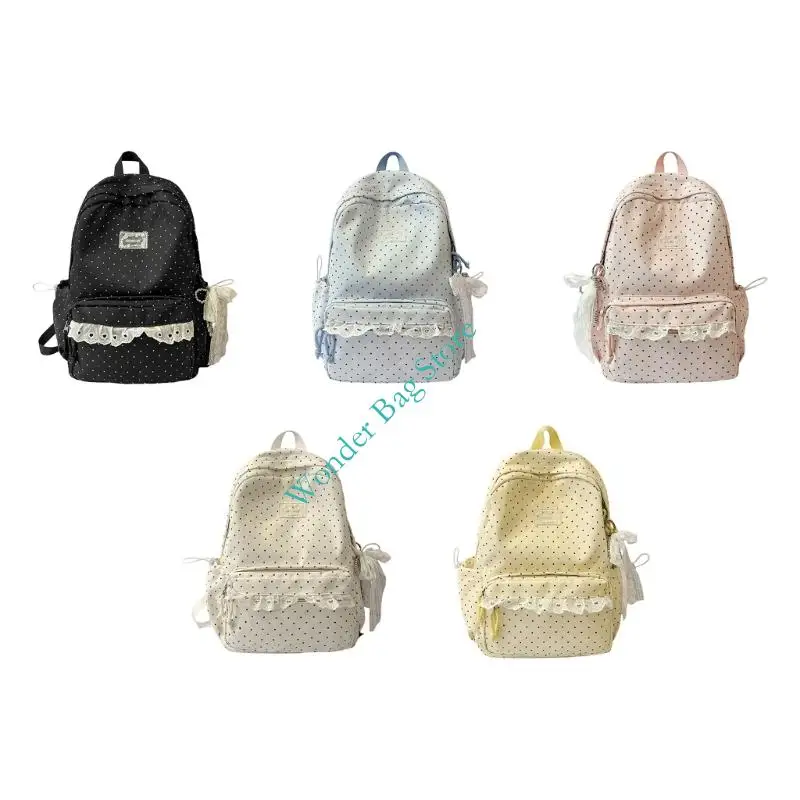 Student School Backpack with Lace Trim Soft-Sided Nylon Bookbag Women Large Capacity Laptop Daypack with Pendant for Daily Wear