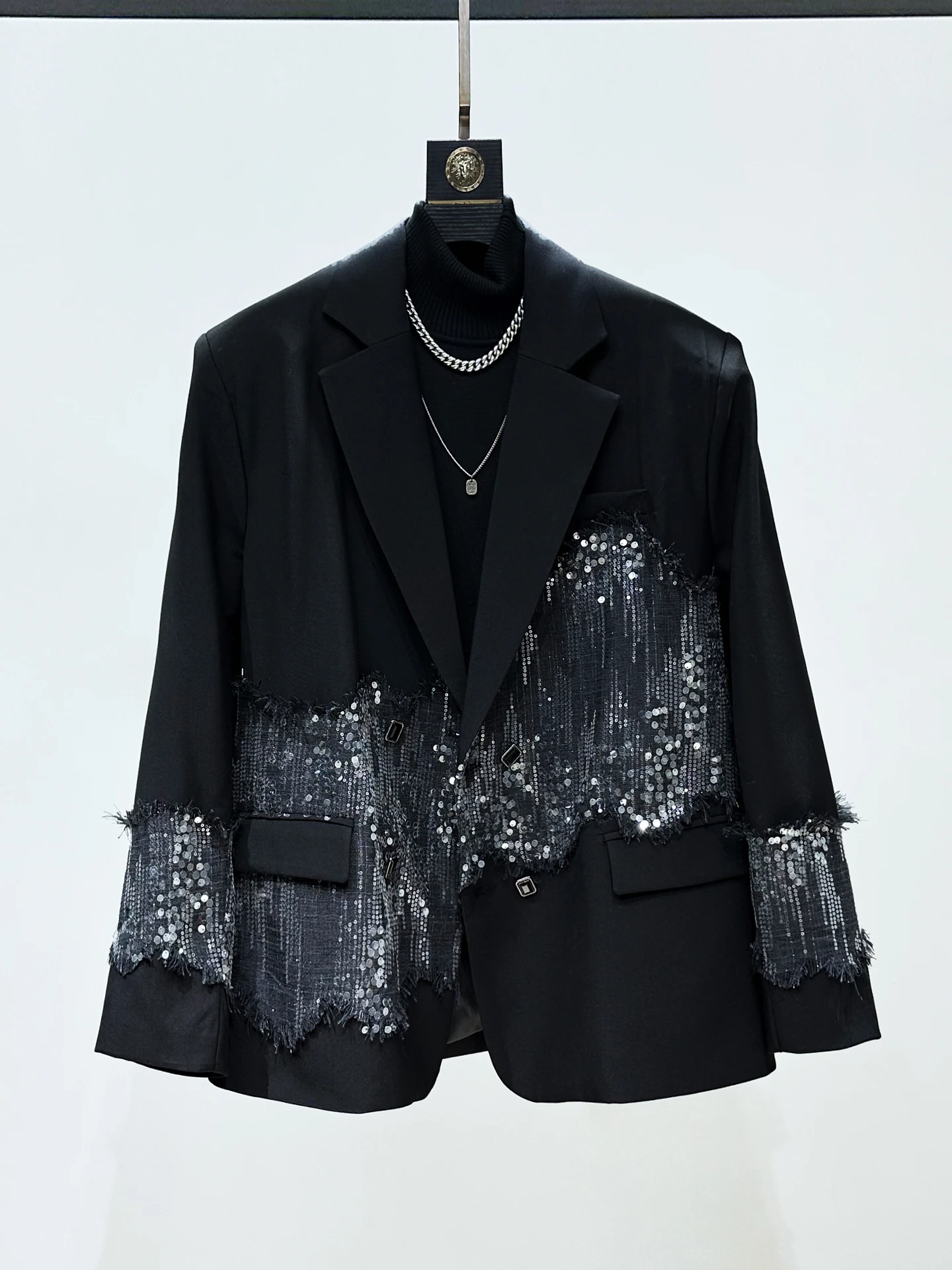 

Heavyweight Sequin Splice Bla Suit Jaet Men's Premium Feel Double Button Loose Fit Western Sle Casual Faion Spring Au...