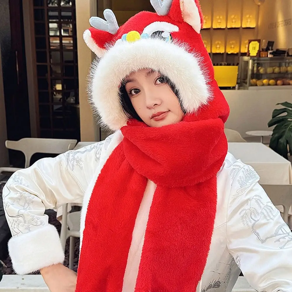 Fashion Ear Muffs Lion Dance Beanies Hat Tassels Thickened Winter Plush Warm Hat Lace Up Soft Scarf Gloves Hat Streetwear