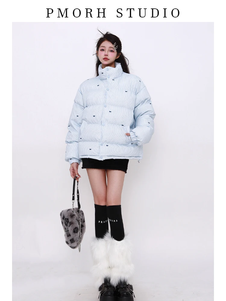 

Women Blue Parkas Jacket Thicken Warm Long Sleeve Turtleneck Padded Coat Vintage Overcoat Streetwear 2000s Clothes Winter 2024