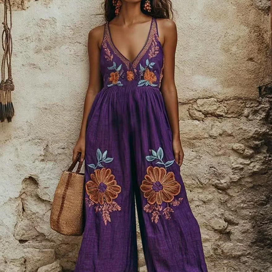 

Summer Vintage Printed Spaghetti Strap V-neck Jumpsuit for Women Casual Sleeveless Wide Leg Jumpsuits Lady Streetwear
