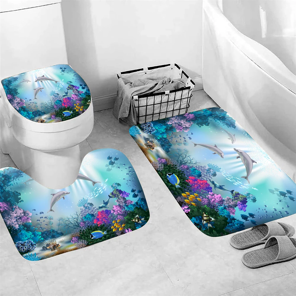 Cartoon Underwater Set of 3 Bathroom Bath Mat Set Soft Non Slip Mat Bathroom Rug Absorbent Shower Carpets Toilet Lid Cover Floor