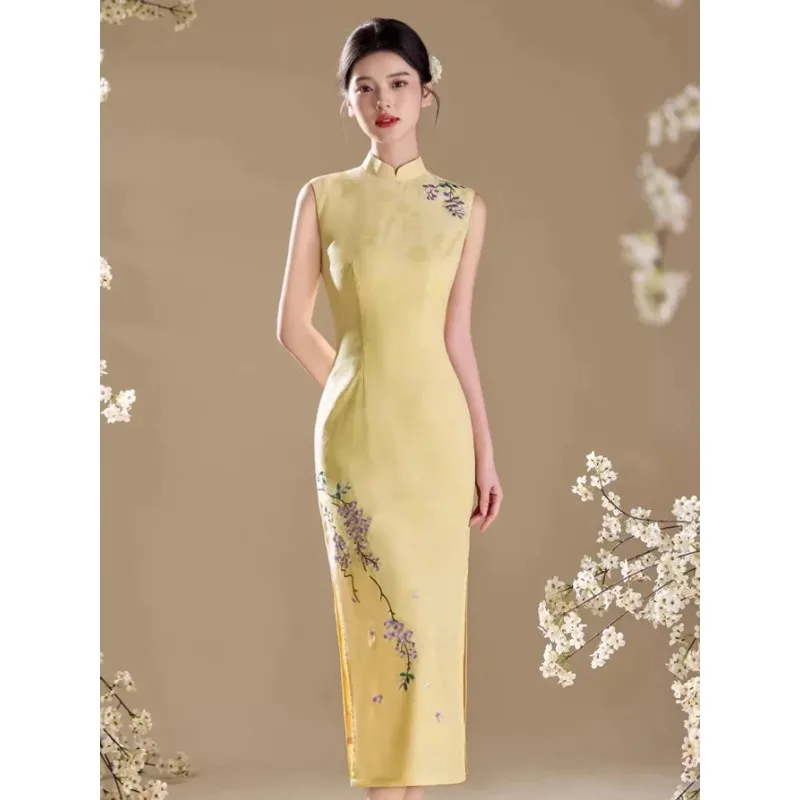 Spring/Summer New Qipao Double Embroidered Jacquard Long Yellow Sleeveless Style Elegant Qipao Dress