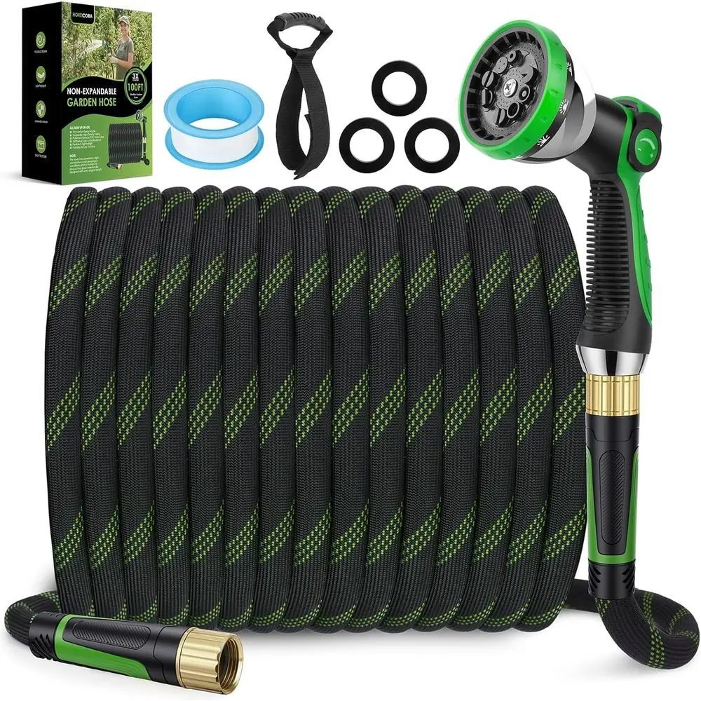

Ultra-Lightweight 100ft Non-Expandable Flexible Garden Hose with 360° Anti-Kink, 10-Pattern Nozzle, 500 PSI, Braided Fabric, Sto