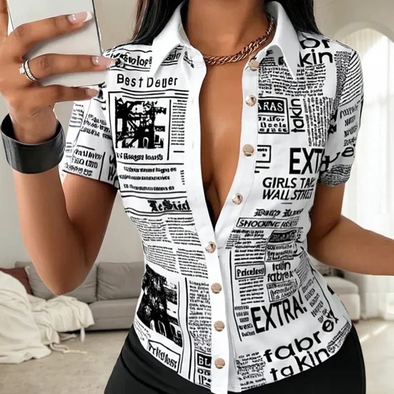 

Casual Short Sleeves Shirt High Street Newspaper Printing Turn Down Collar Single-Breasted Slim Fit Skinny Versatile Blouses