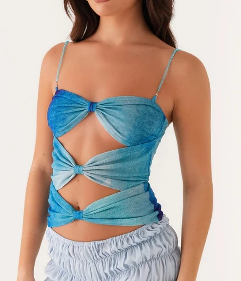 Women's Sleeveless Cami Tops Spaghetti Strap Tie-dye Print Ruched Cutout Camisole Tank Tops
