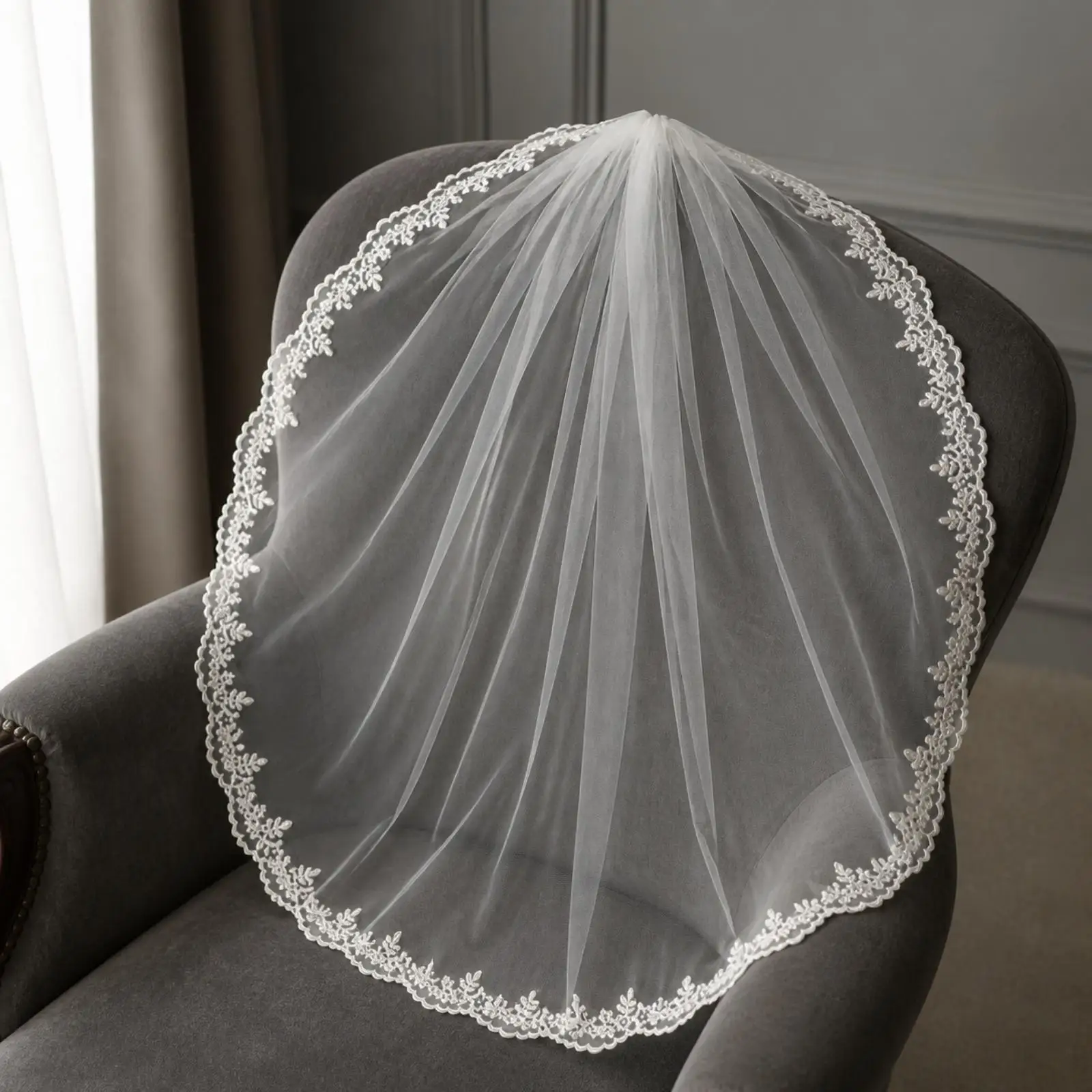 Mesh Bridal Veil with Gathered Top Lightweight Single-Layer Bridal Veil Hair Accessory White Translucent for Brides