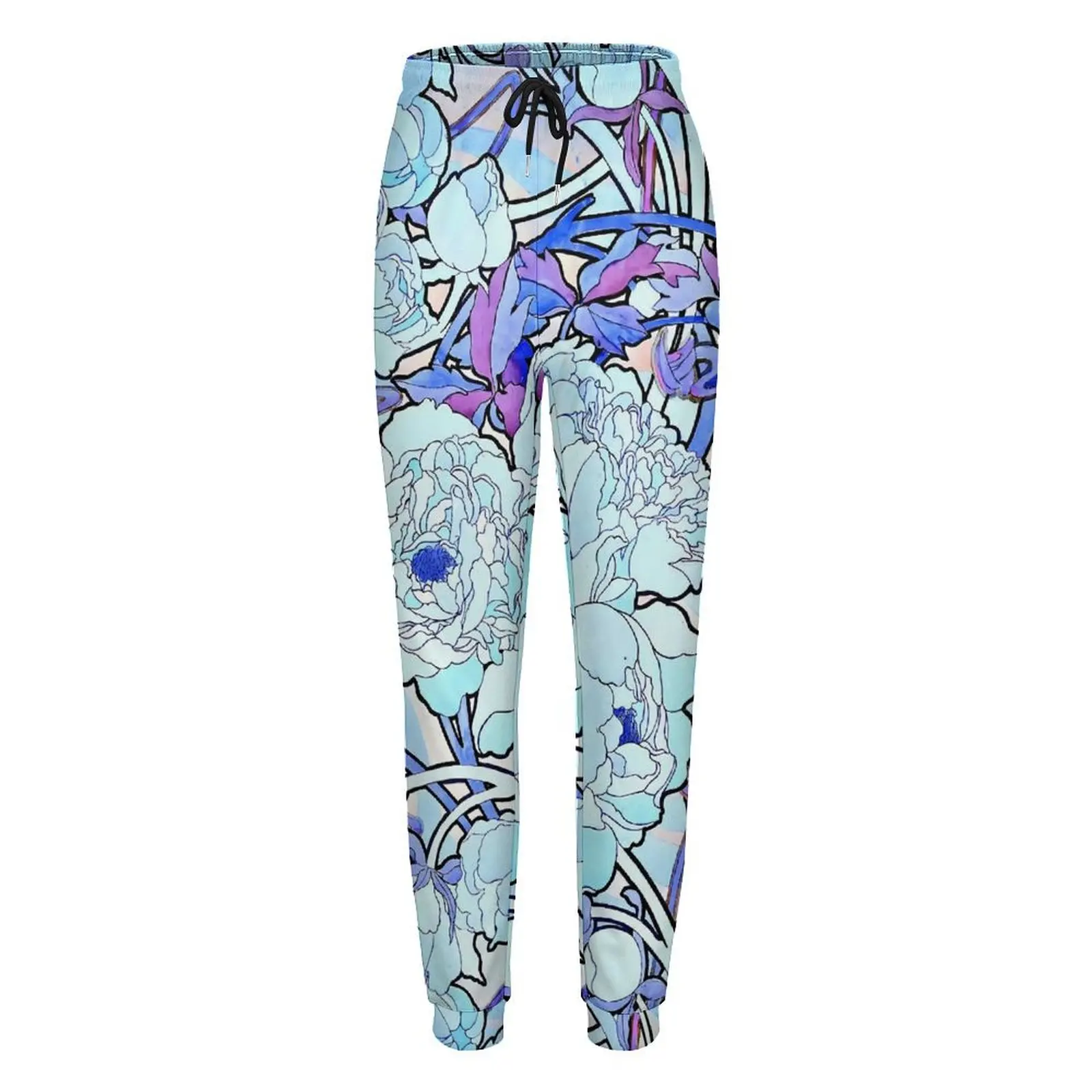 Art Nouveau Pants Peony Flowers Streetwear Sweatpants Autumn Woman Home Printed Oversize Trousers Gift Idea