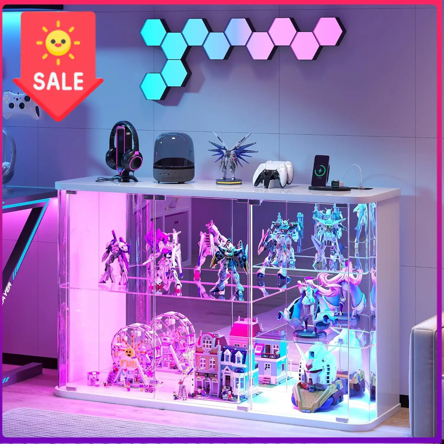 LED Display Cabinet with Glass Doors | Human Sensor RGB Lights, Rounded Design LED Curio Cabinet for Collectibles, White