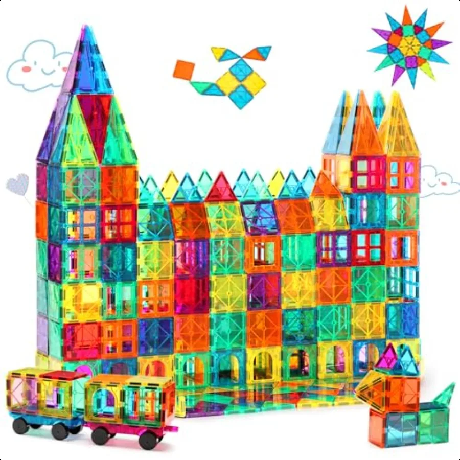 

Gemmicc Magnetic Tiles 100 PCS with 2 Cars STEM Appd Educational Magnet BuildingToys Magnet Puzzles Stacking Blocks for Boys Gi