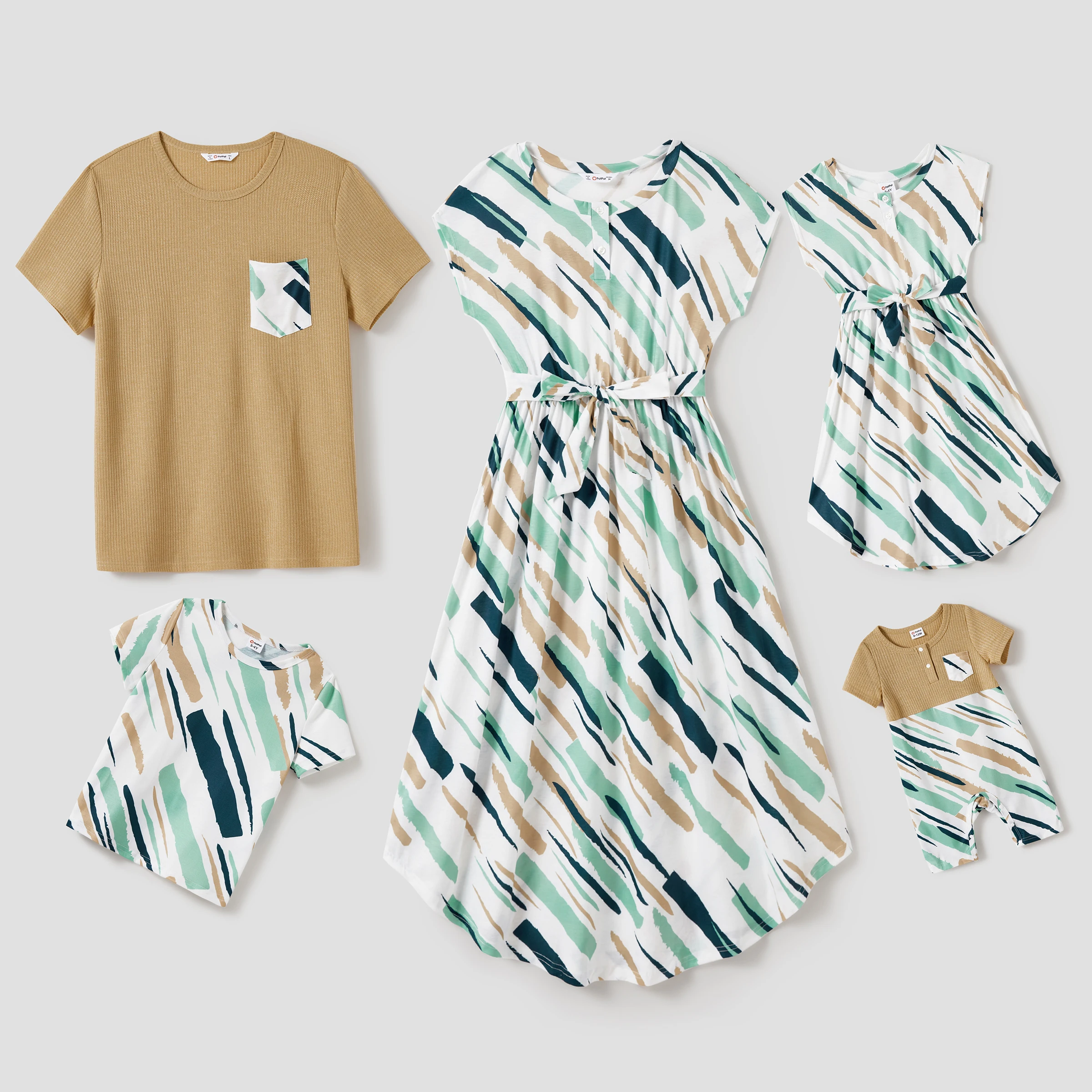 

PatPat Family Matching Allover Geo Print Sleeveless Belted Dresses and Short-sleeve T-shirts Sets