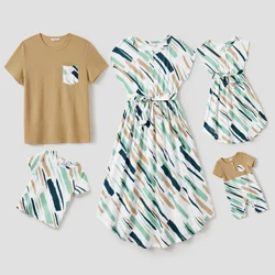 PatPat Family Matching Allover Geo Print Sleeveless Belted Dresses and Short-sleeve T-shirts Sets