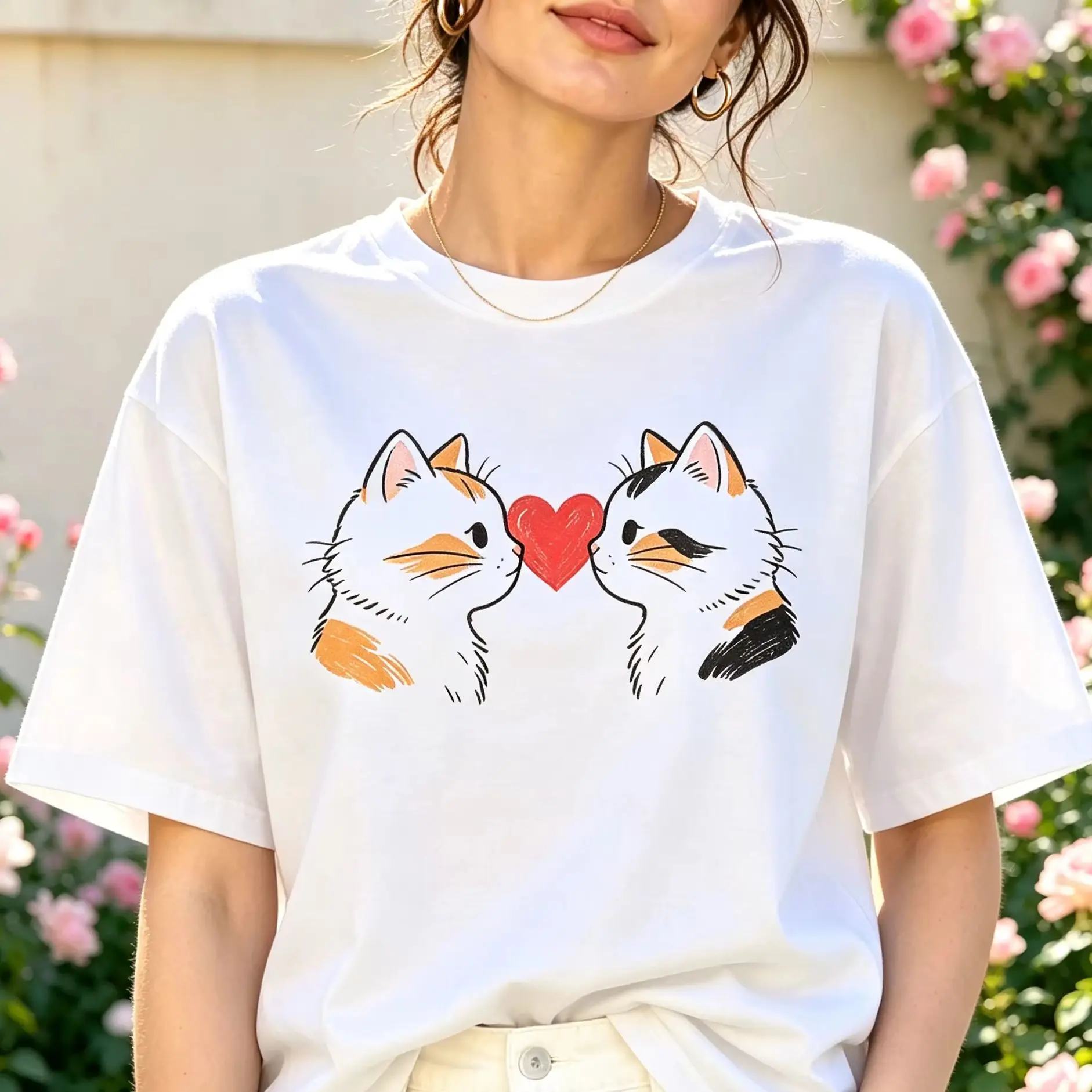 Women's Cute Two Cats With Red Heart Graphic T-Shirt, Simple Sketch Kitten Love Hand Drawn Art Casual Short Sleeve Tee