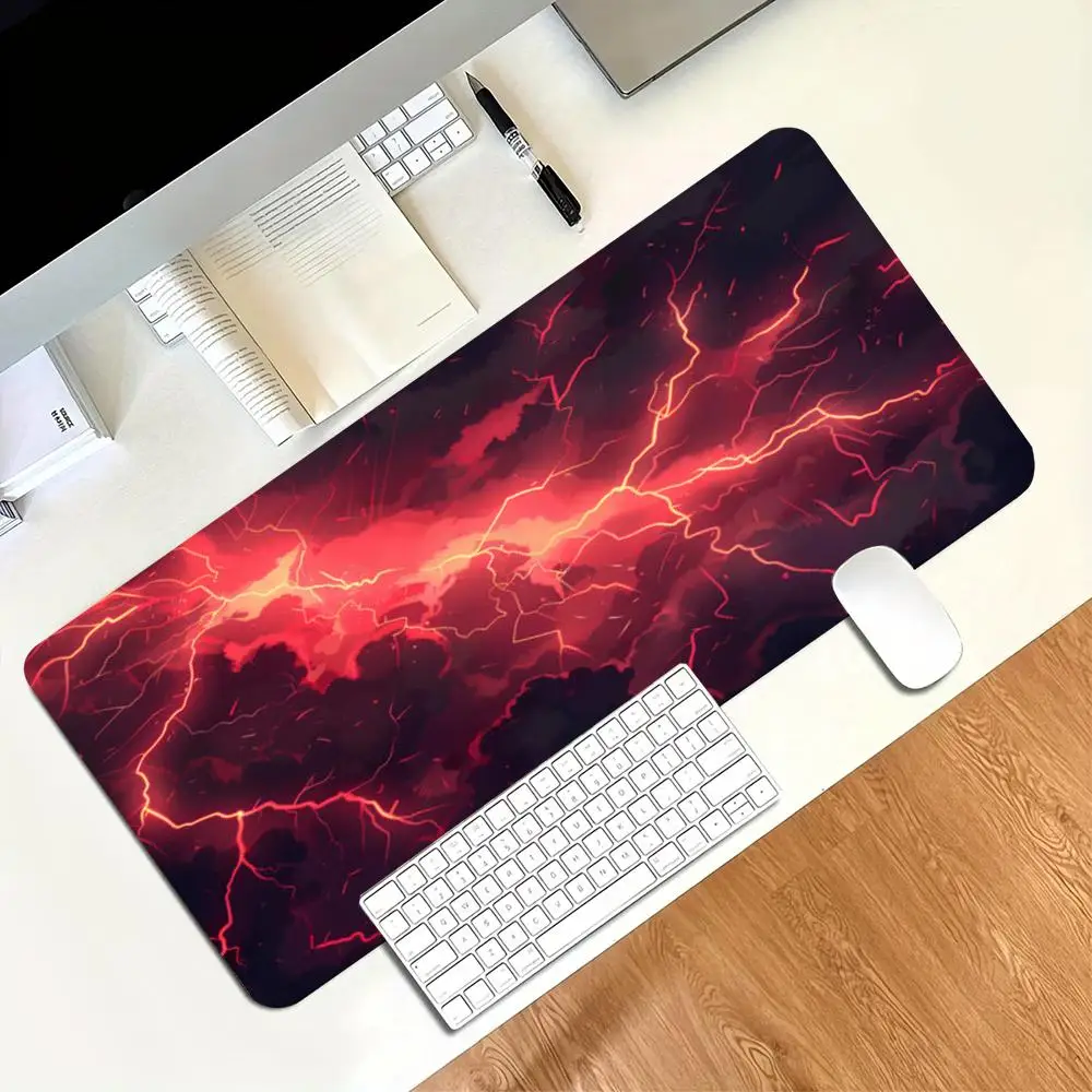 Red Lightning Storm Print Gaming Mouse Pad Large Desk Mat Anti-Slip Rubber Base Stitched Edge Keyboard Mat For Laptop
