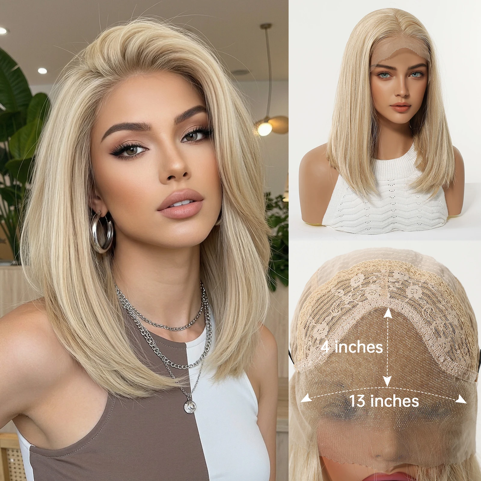 HENRY MARGU Straight Synthetic Lace Front Wig Light Blue Highlight Curly Wig 13*4 Lace Frontal Natural Wig for Women Daily Use