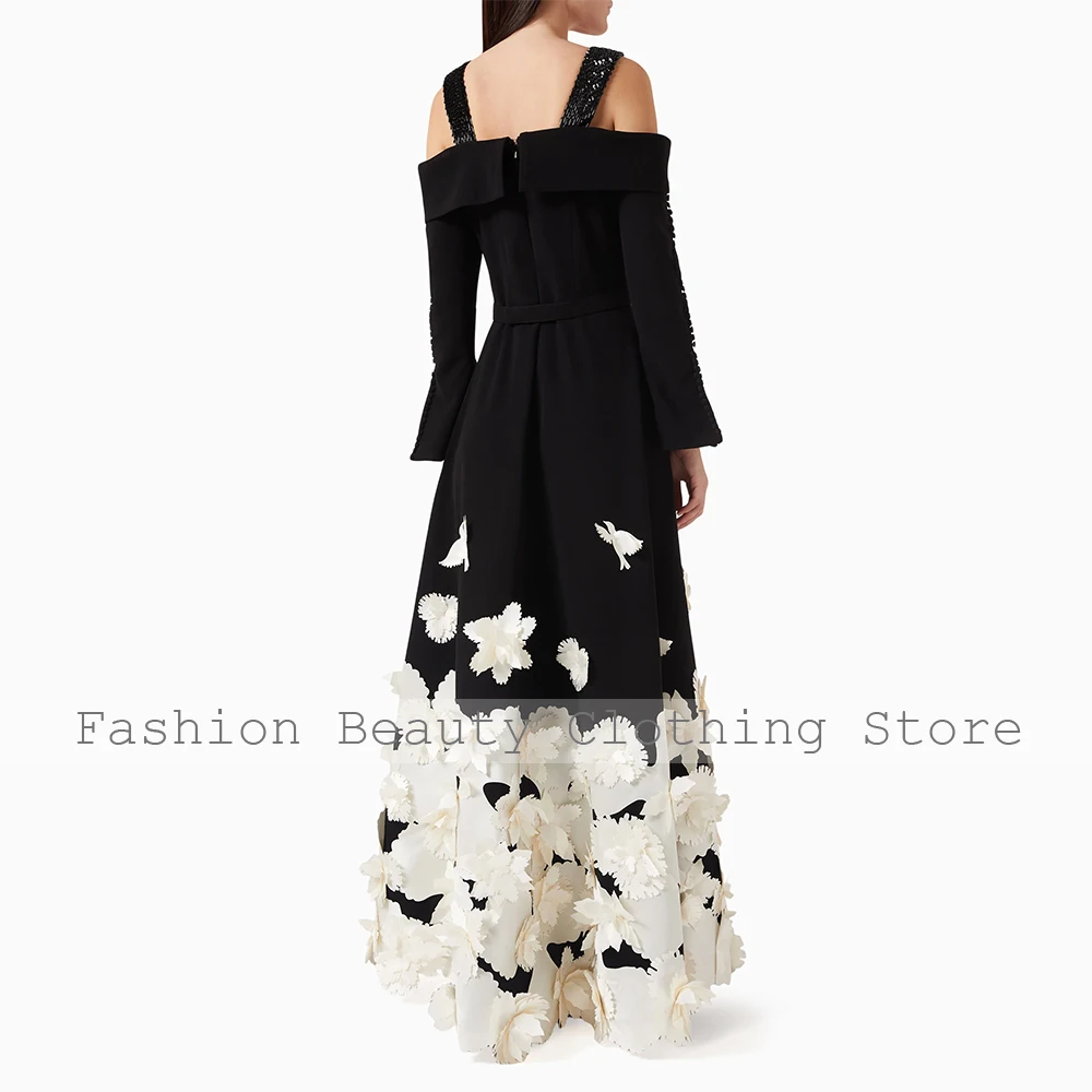 Elegant Evening Dress Black Beige Flowers Off the Shoulder A Line Evening Gowns for Women A Line Cold Shoulder Formal Party Gown