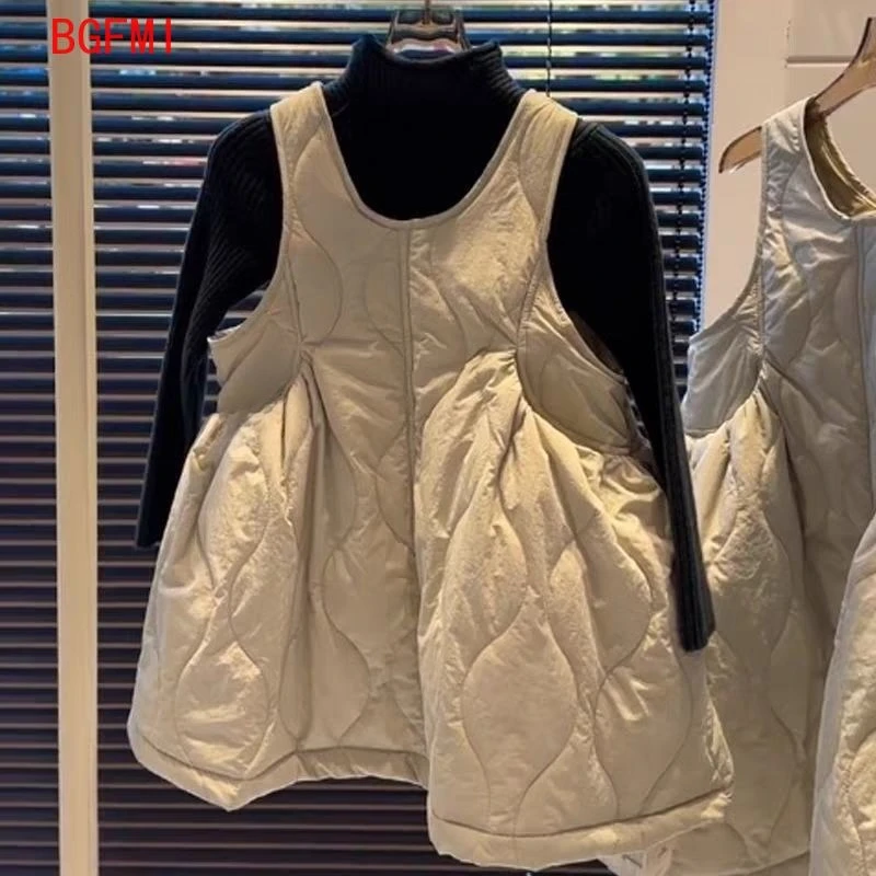 Winter Teenager Girls Khaki Korean Loose Simple Quilted Tank Top Dresses Children's Fashion Casual Round Neck Princess Dress