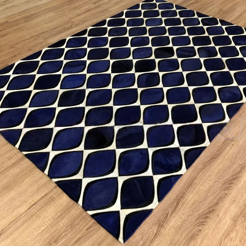 Navy Blue Handmade Geometric Carpet Living Room Natural Cowhide Home Large Floor Rug Simple Decor Bedroom Customize Carpet
