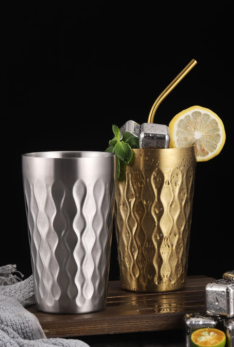 

Water Cup 304 Stainless Steel Double-Layer Creative Hammer Grain Juice Cup Restaurant Drop-proof Large Capacity Beer Mugs Korean