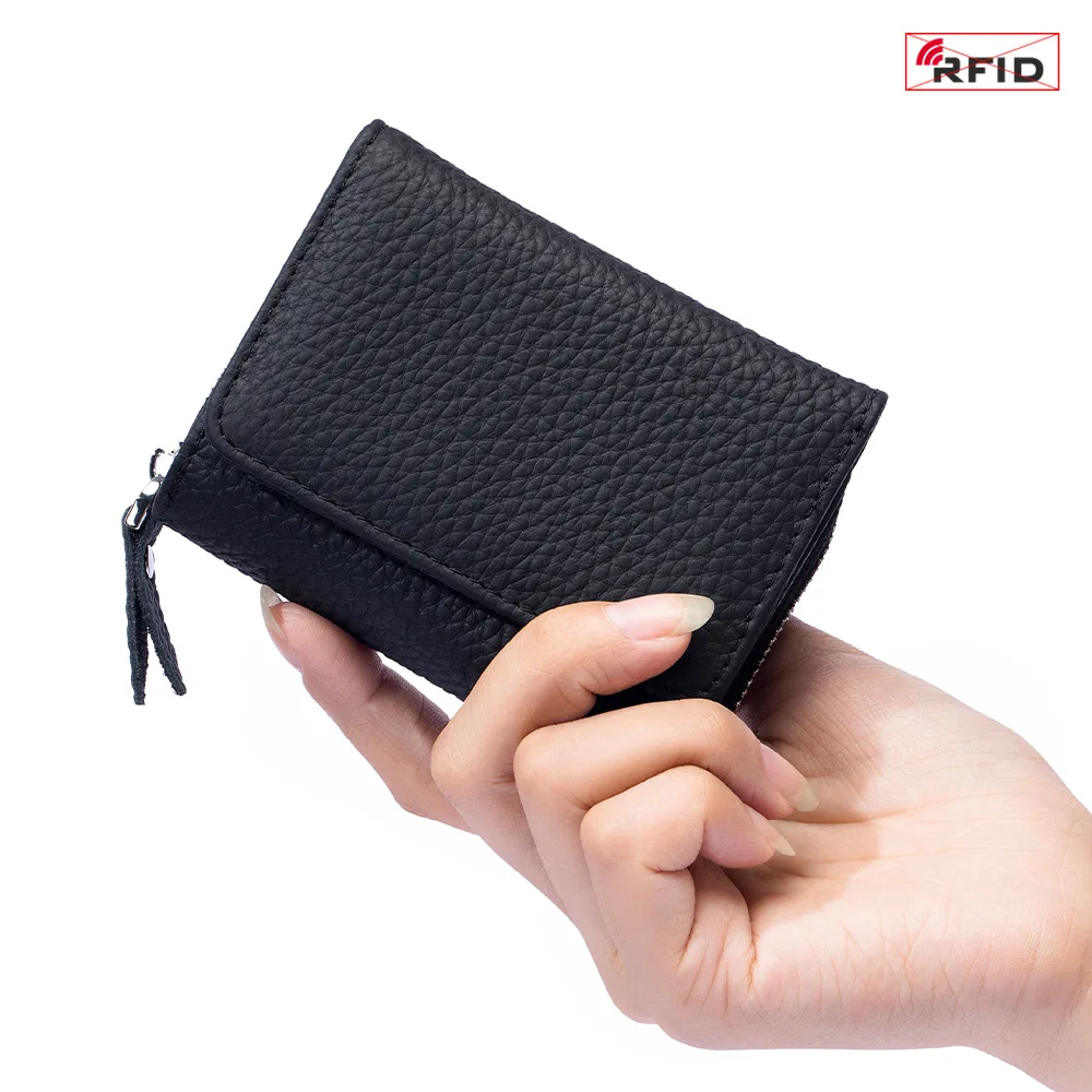 RFID Solid Color Genuine Leather Wallet for Women, New Fashion Short Card Wallet with Large Capacity and Coin Pocket